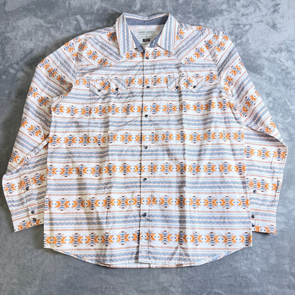 Cody James Mens XXL Aztec Western Snap Shirt Orange Blue Geometric Pearl Snap